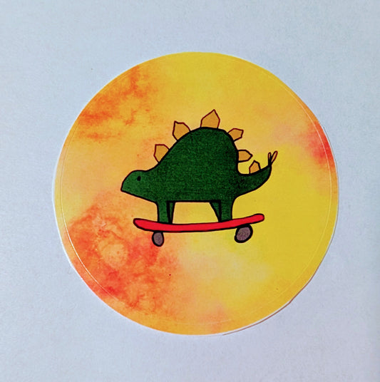 Skating Dino Round Sticker 2.5"